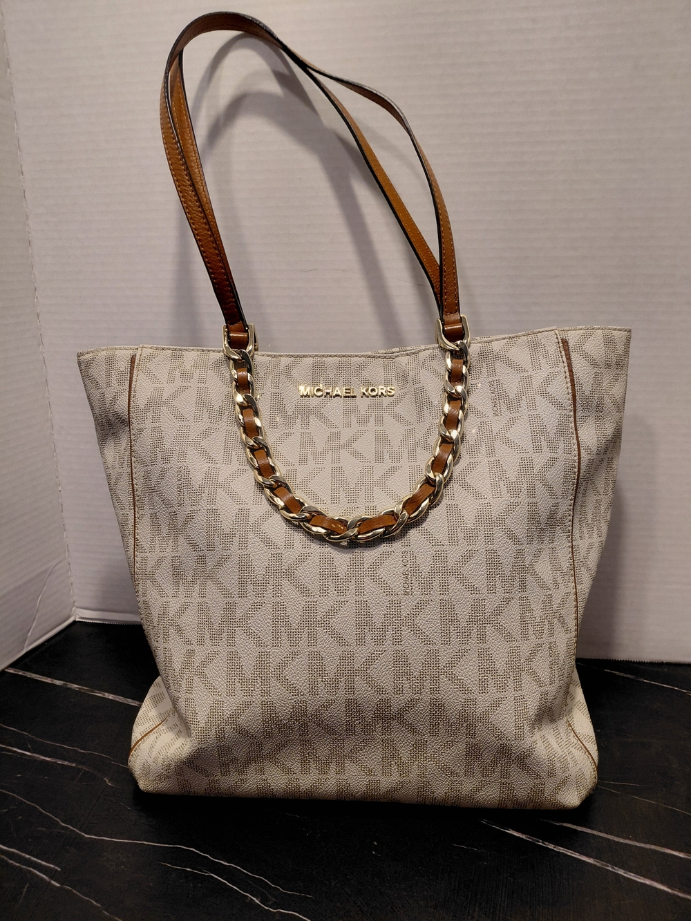 Michael Kors Cream Logo Tote Bag with Brown Leather Straps